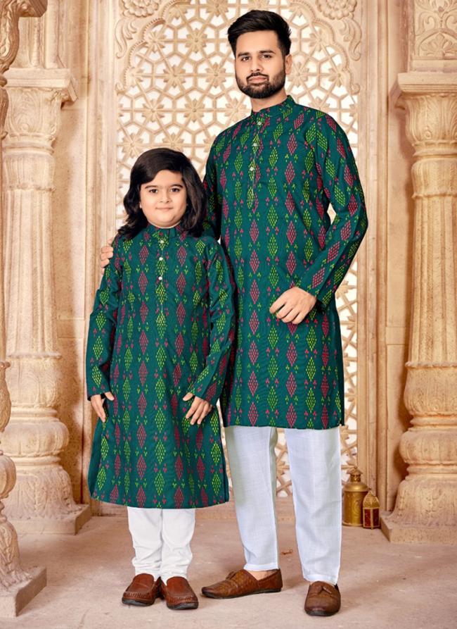 Dark Green Magic Cotton Slub Festival Wear Digital Printed Readymade Kurta Pyjama Combo Set